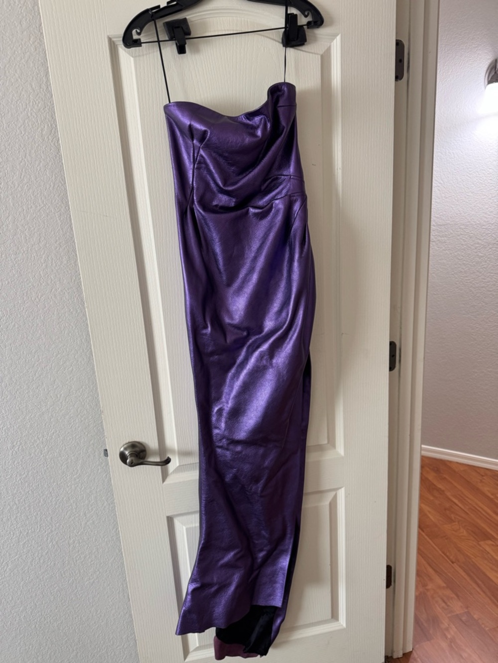 LaQuan Smith Metallic Purple Strapless Satin Gown